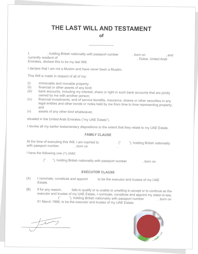 Illustrative Will sample showing a signature and a red circular stamp