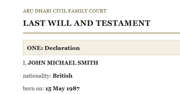 Excerpt of a sample ADJD Will, English column: Abu Dhabi Civil Family Court letterhead, Last Will and Testament title, and the Declaration section